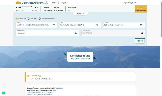 Vietnam Airlines checkout page showing Vietnam Airlines promo code box | Screenshot taken by SimplyCodes community member on Aug 21, 2025