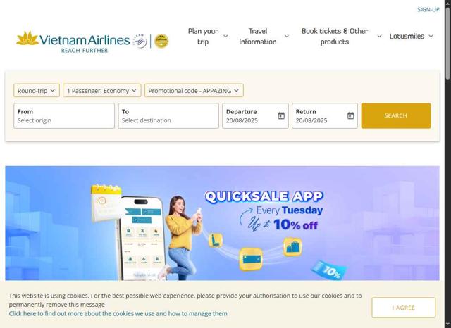 Vietnam Airlines checkout page showing Vietnam Airlines promo code box | Screenshot taken by SimplyCodes community member on Aug 20, 2025