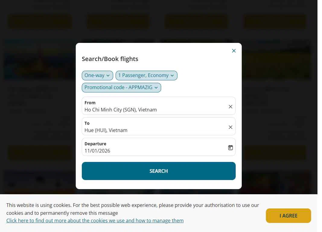 Vietnam Airlines checkout page showing Vietnam Airlines promo code box | Screenshot taken by SimplyCodes community member on Dec 23, 2025