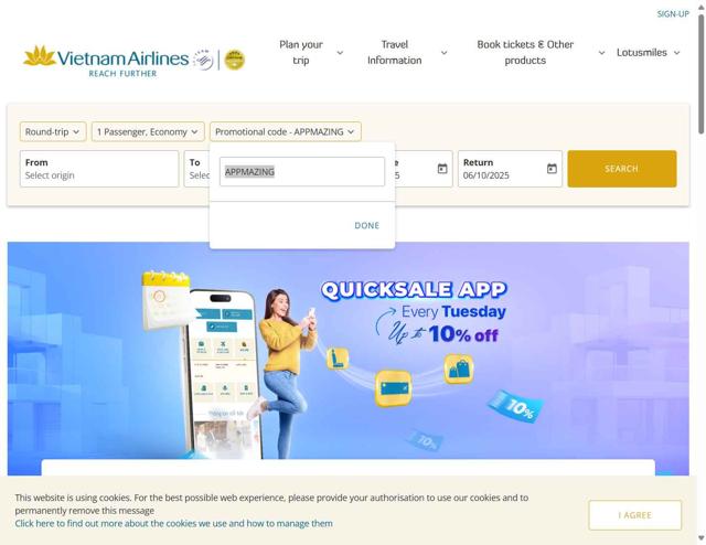Vietnam Airlines checkout page showing Vietnam Airlines promo code box | Screenshot taken by SimplyCodes community member on Oct 7, 2025
