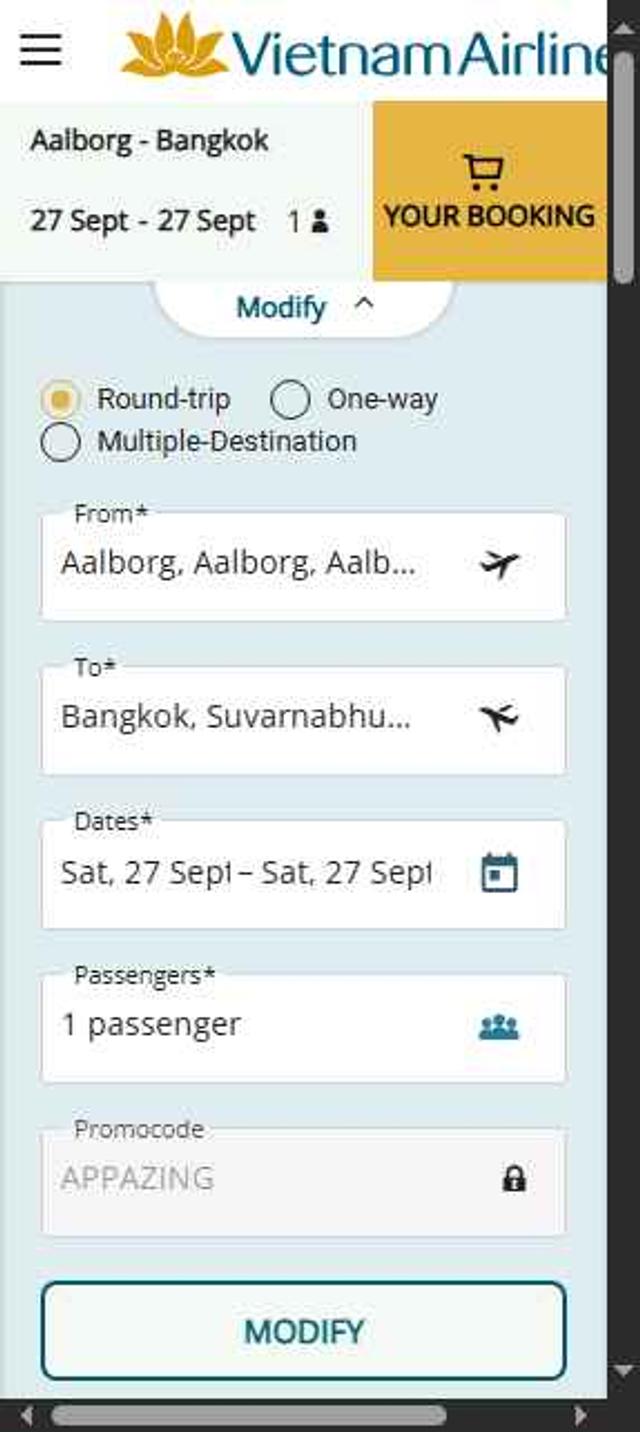 Vietnam Airlines checkout page showing Vietnam Airlines promo code box | Screenshot taken by SimplyCodes community member on Sep 27, 2025