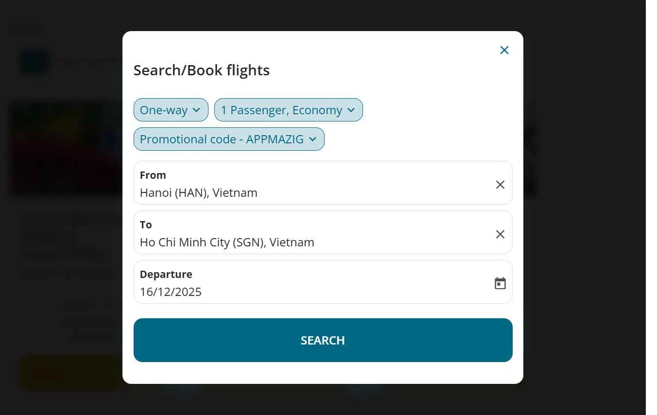 Vietnam Airlines checkout page showing Vietnam Airlines promo code box | Screenshot taken by SimplyCodes community member on Nov 22, 2025