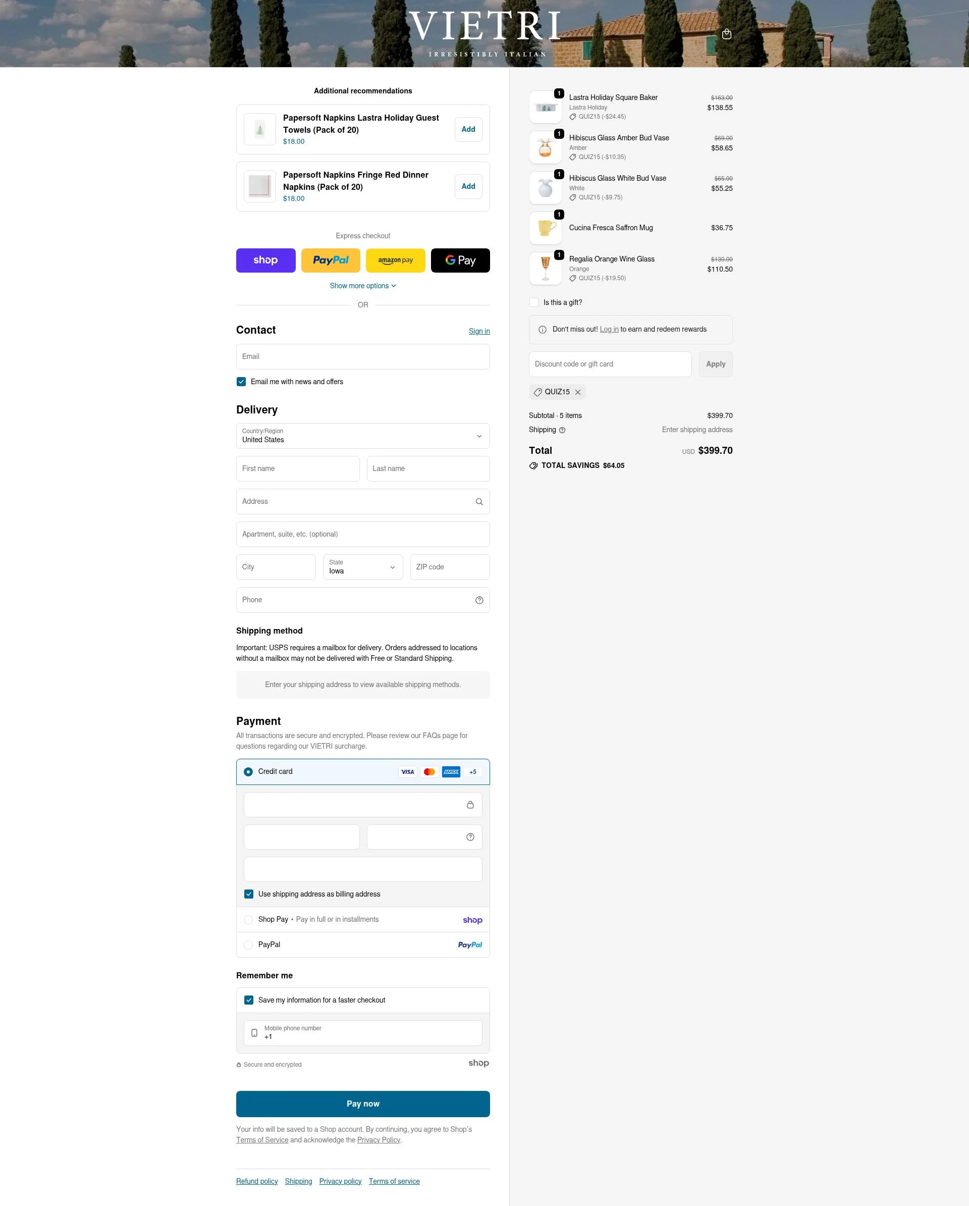 Vietri checkout page showing Vietri coupon code box | Screenshot taken by SimplyCodes community member on Jan 28, 2026