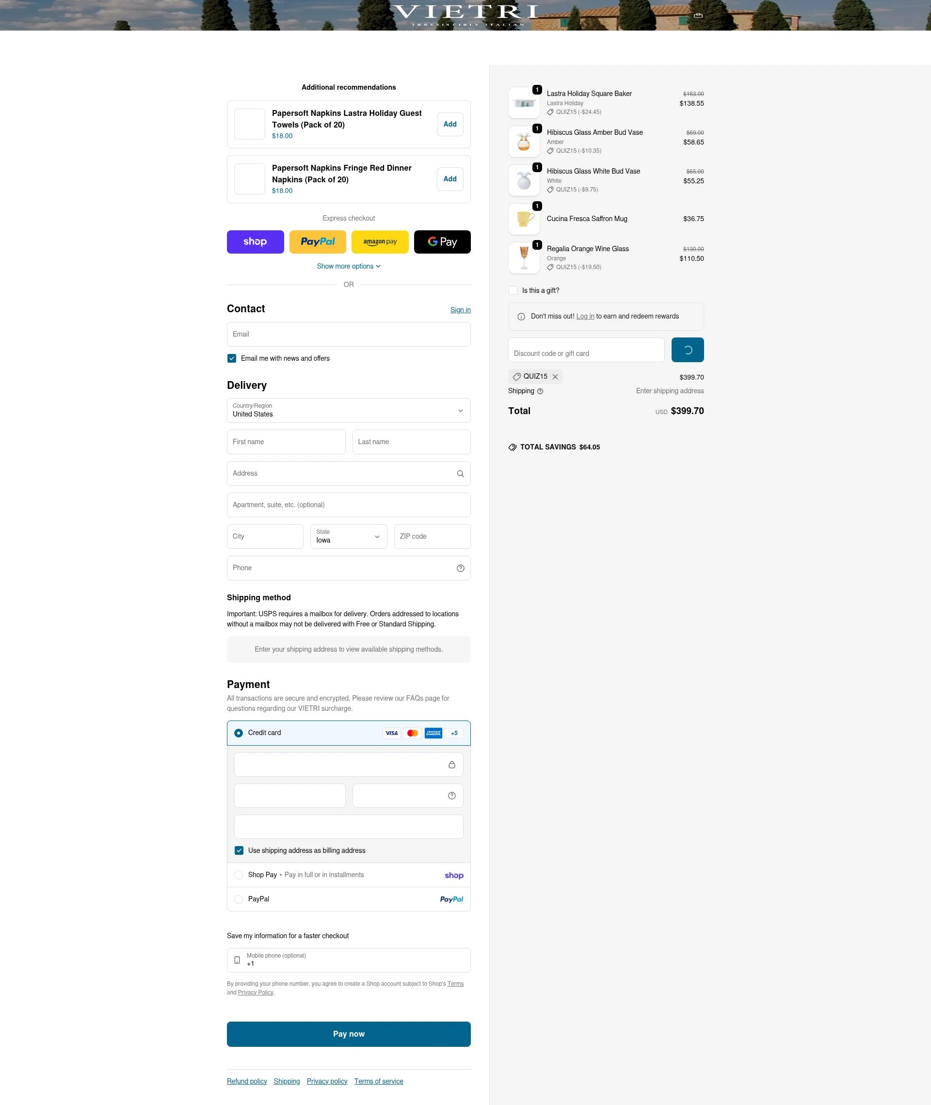 Vietri checkout page showing Vietri coupon code box | Screenshot taken by SimplyCodes community member on Feb 6, 2026