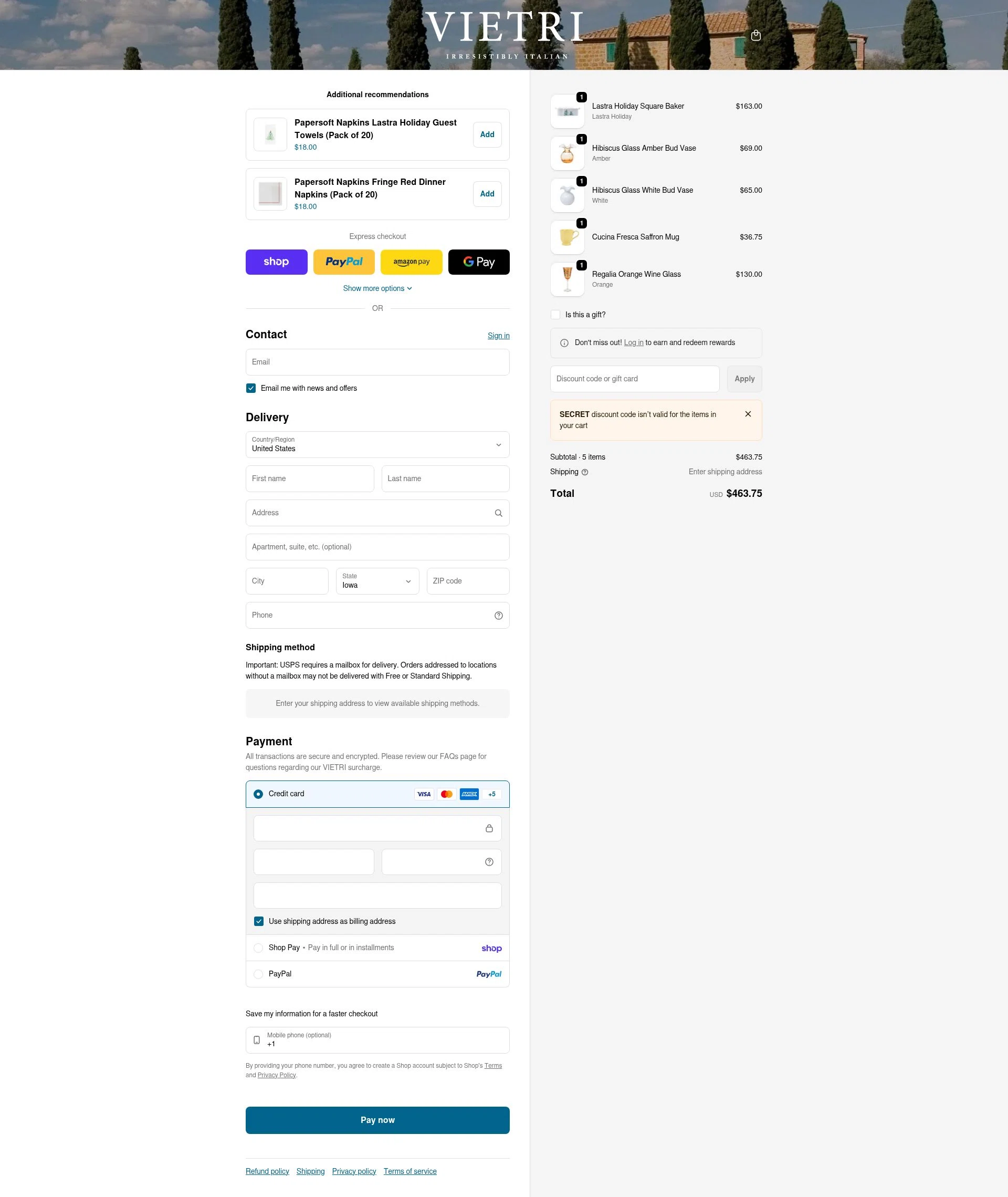 Vietri checkout page showing Vietri coupon code box | Screenshot taken by SimplyCodes community member on Feb 1, 2026