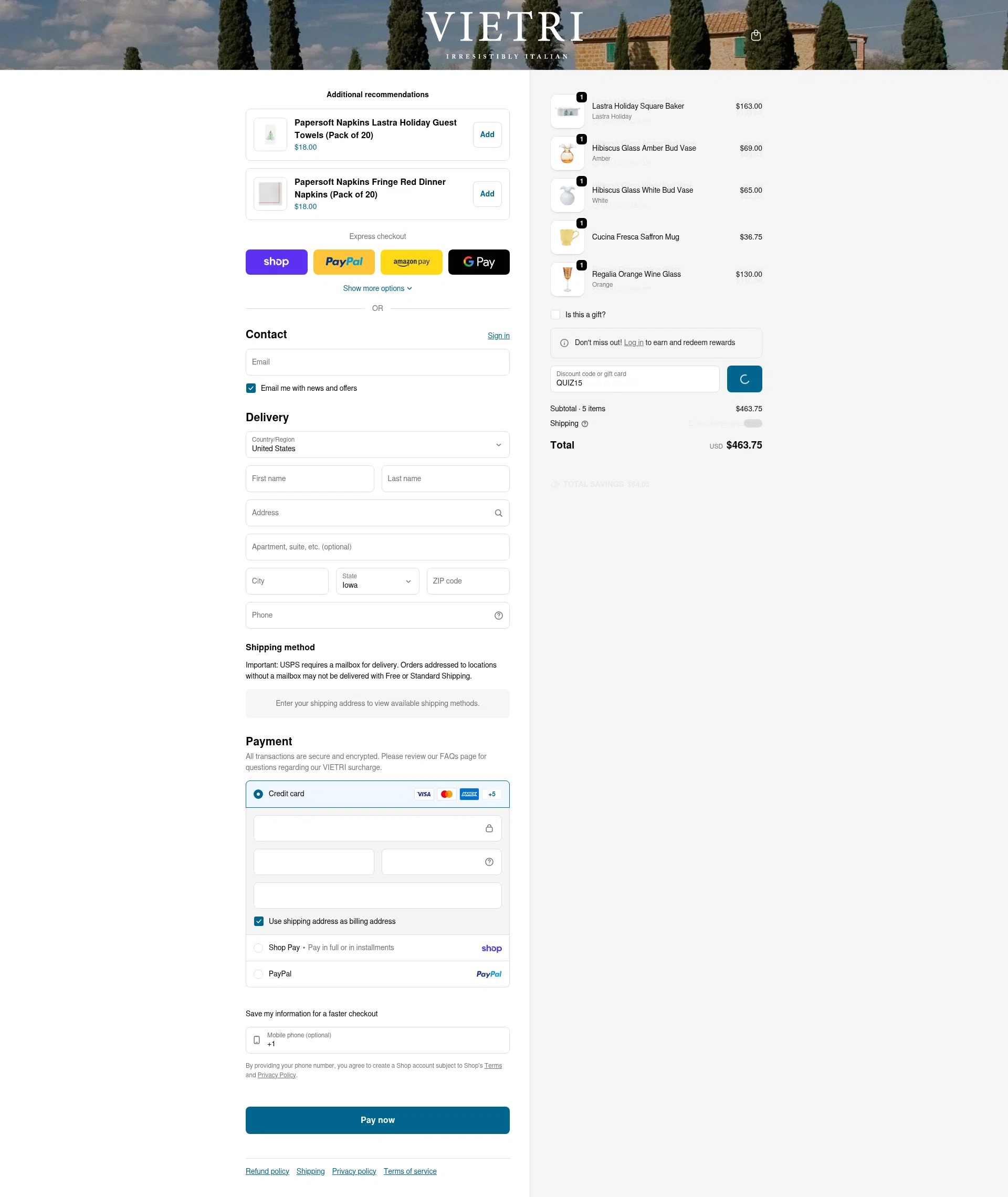 Vietri checkout page showing Vietri coupon code box | Screenshot taken by SimplyCodes community member on Feb 1, 2026