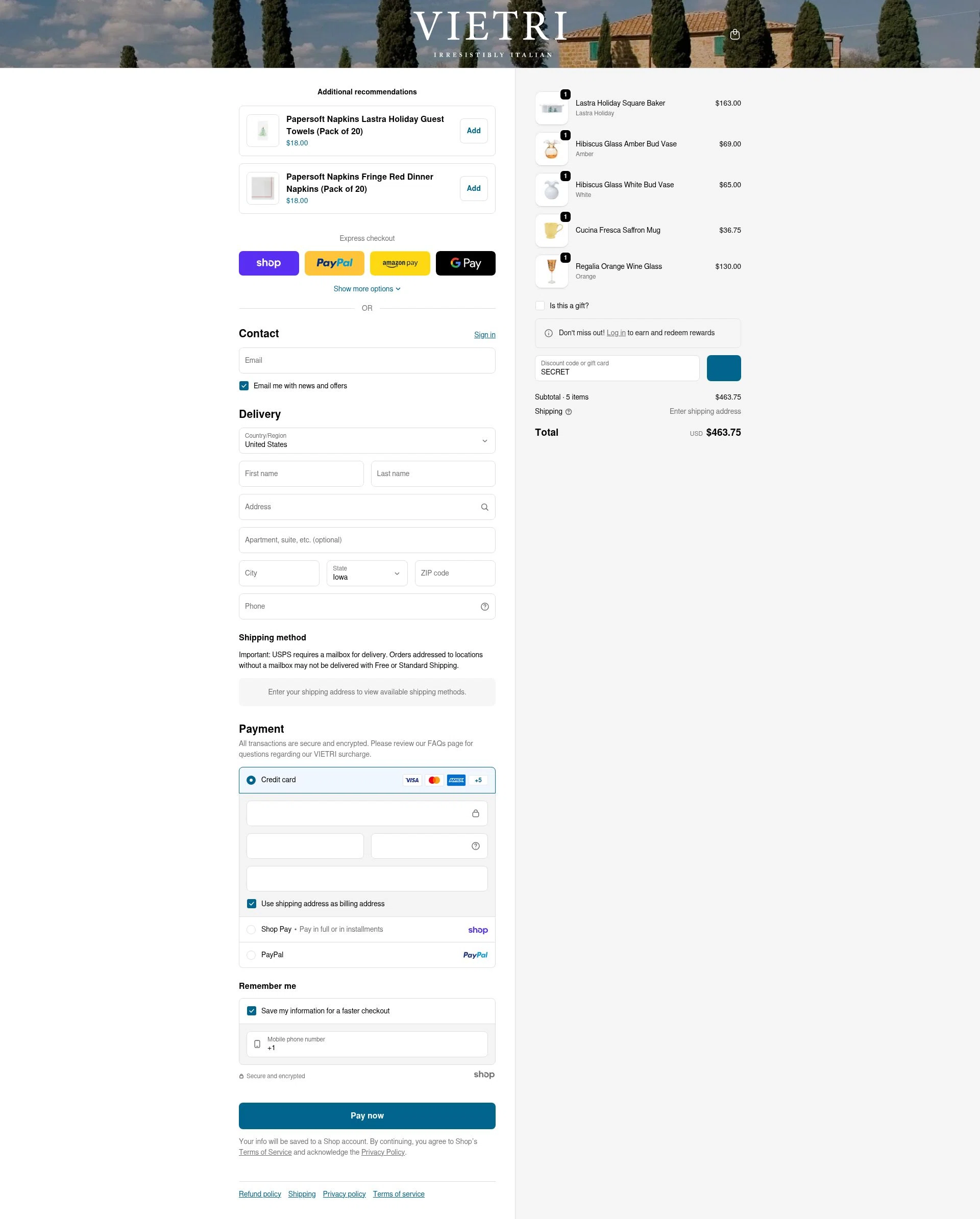 Vietri checkout page showing Vietri coupon code box | Screenshot taken by SimplyCodes community member on Jan 23, 2026