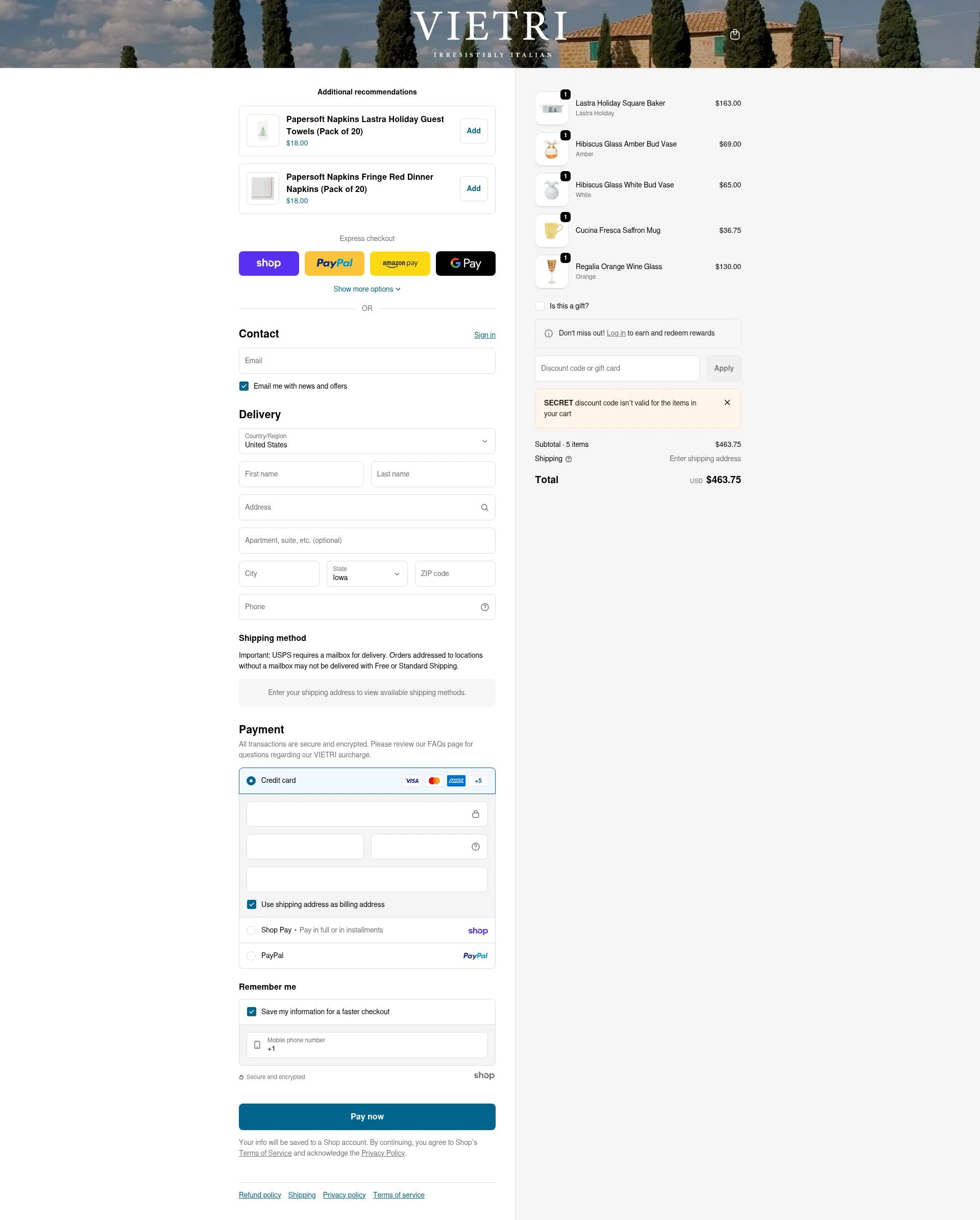Vietri checkout page showing Vietri coupon code box | Screenshot taken by SimplyCodes community member on Jan 28, 2026