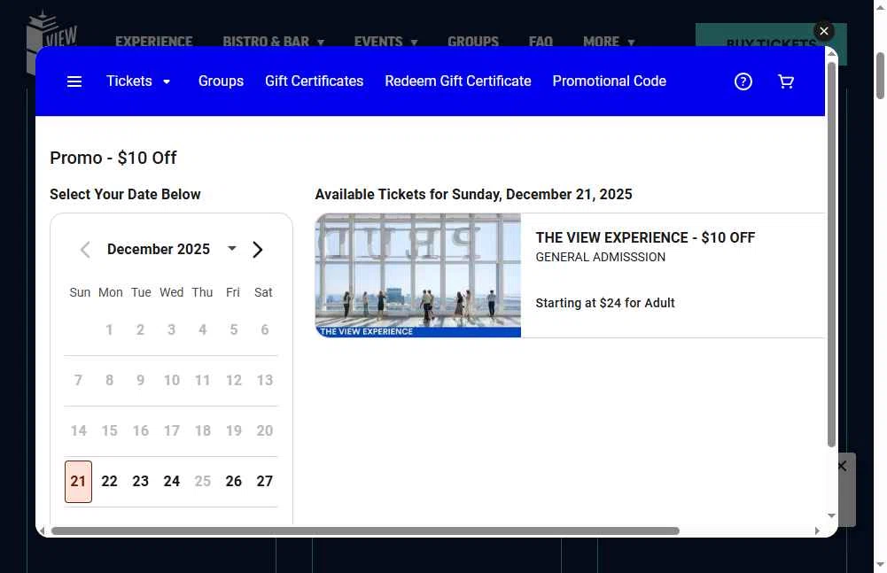 View Boston checkout page showing View Boston promo code box | Screenshot taken by SimplyCodes community member on Dec 21, 2025