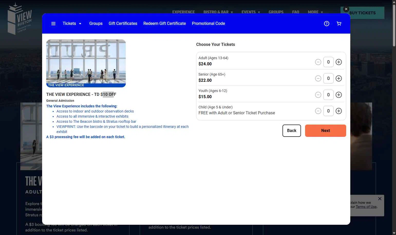 View Boston checkout page showing View Boston promo code box | Screenshot taken by SimplyCodes community member on Jan 19, 2026