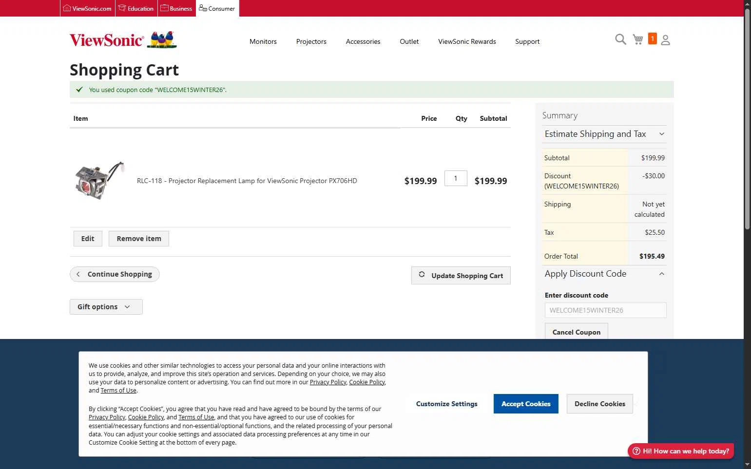 ViewSonic checkout page showing ViewSonic discount code box | Screenshot taken by SimplyCodes community member on Feb 13, 2026