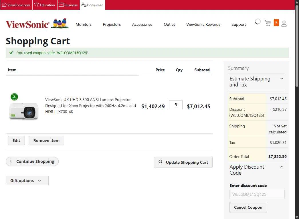 ViewSonic checkout page showing ViewSonic discount code box | Screenshot taken by SimplyCodes community member on Oct 8, 2025
