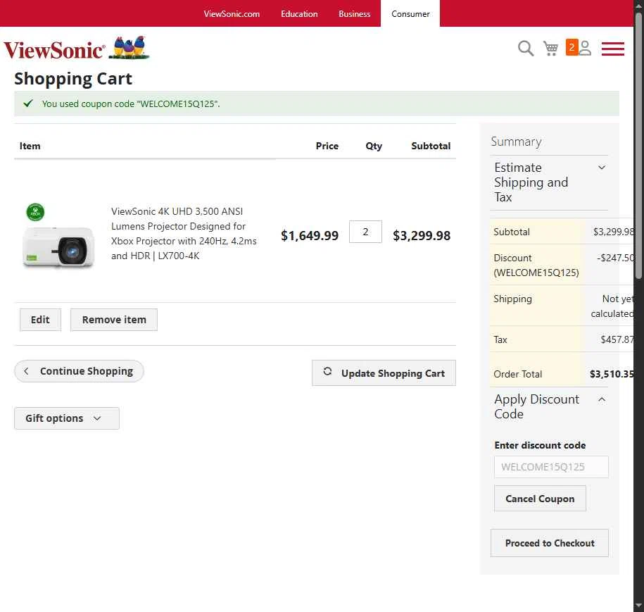 ViewSonic checkout page showing ViewSonic discount code box | Screenshot taken by SimplyCodes community member on Nov 8, 2025
