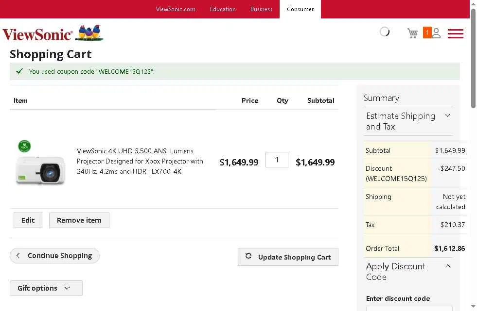 ViewSonic checkout page showing ViewSonic discount code box | Screenshot taken by SimplyCodes community member on Oct 15, 2025