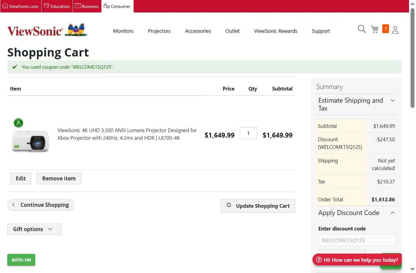 ViewSonic checkout page showing ViewSonic discount code box | Screenshot taken by SimplyCodes community member on Nov 26, 2025