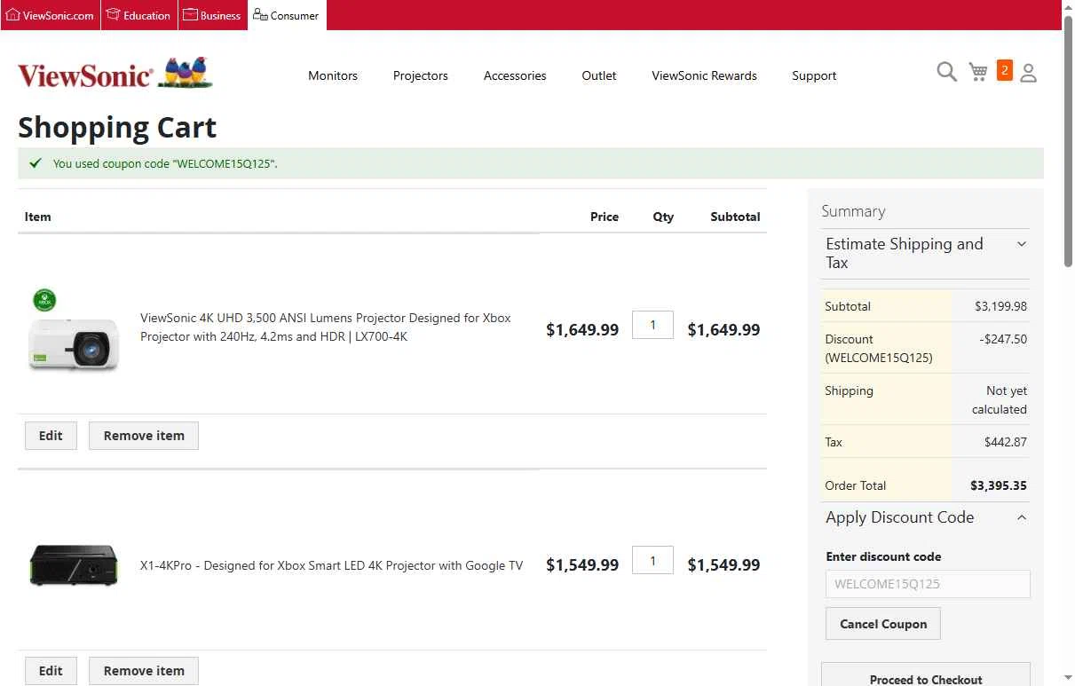 ViewSonic checkout page showing ViewSonic discount code box | Screenshot taken by SimplyCodes community member on Nov 8, 2025