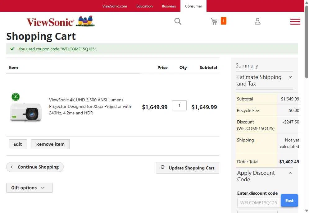 ViewSonic checkout page showing ViewSonic discount code box | Screenshot taken by SimplyCodes community member on Sep 9, 2025