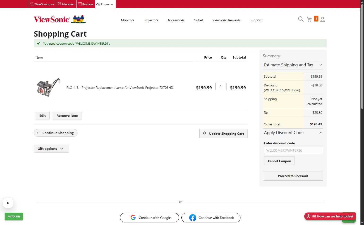 ViewSonic checkout page showing ViewSonic discount code box | Screenshot taken by SimplyCodes community member on Feb 4, 2026