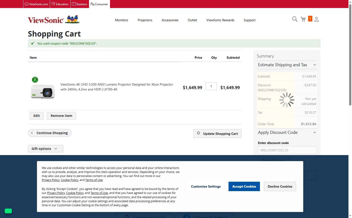 ViewSonic checkout page showing ViewSonic discount code box | Screenshot taken by SimplyCodes community member on Oct 29, 2025