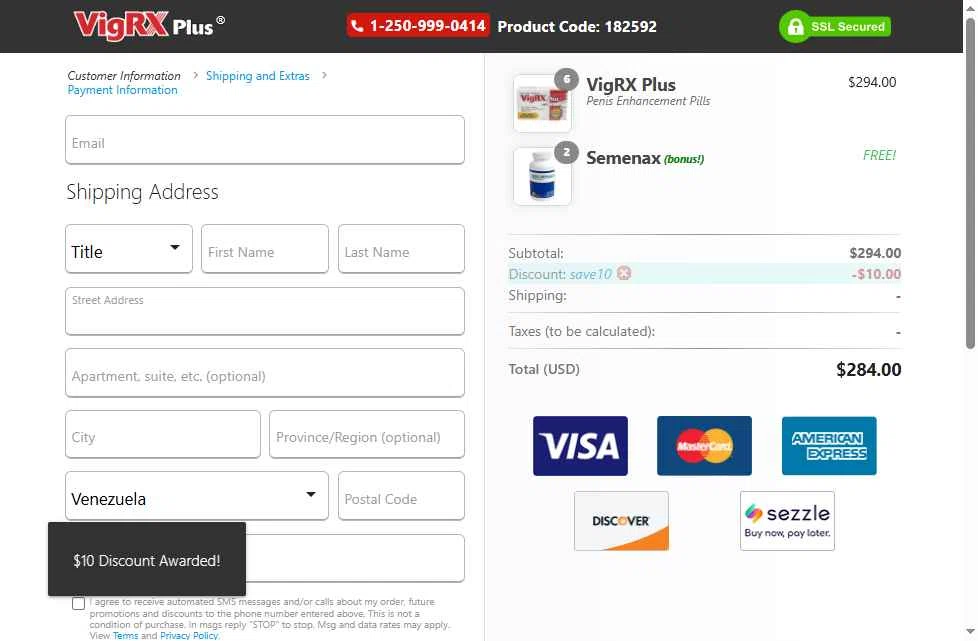 VigRX Plus checkout page showing VigRX Plus discount code box | Screenshot taken by SimplyCodes community member on Aug 28, 2025