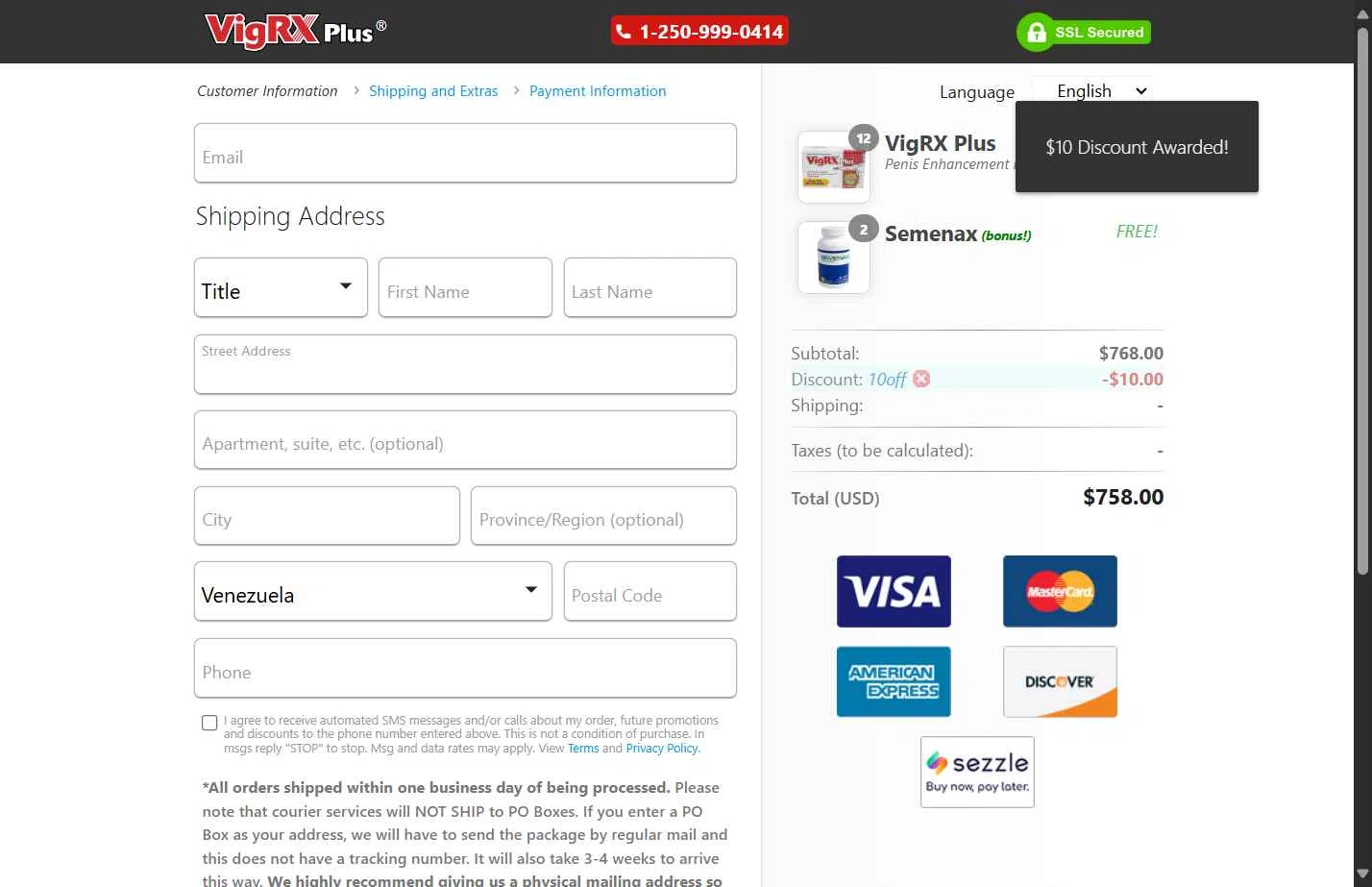 VigRX Plus Store checkout page showing VigRX Plus Store promo code box | Screenshot taken by SimplyCodes community member on Jul 5, 2025