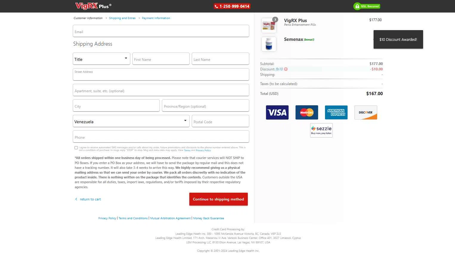 VigRX Plus Store checkout page showing VigRX Plus Store promo code box | Screenshot taken by SimplyCodes community member on Nov 4, 2025