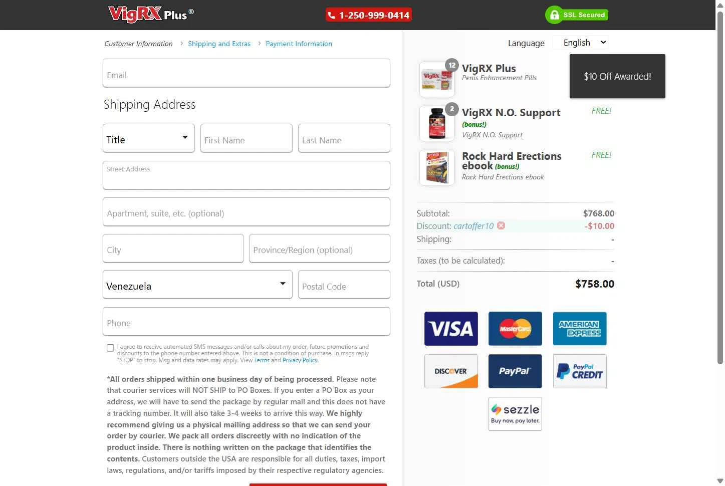 VigRX Plus Store checkout page showing VigRX Plus Store promo code box | Screenshot taken by SimplyCodes community member on May 8, 2025