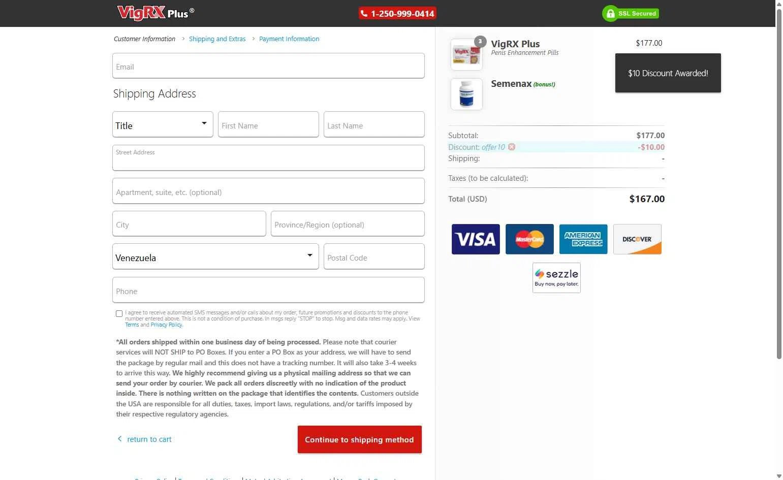 VigRX Plus Store checkout page showing VigRX Plus Store promo code box | Screenshot taken by SimplyCodes community member on Oct 30, 2025