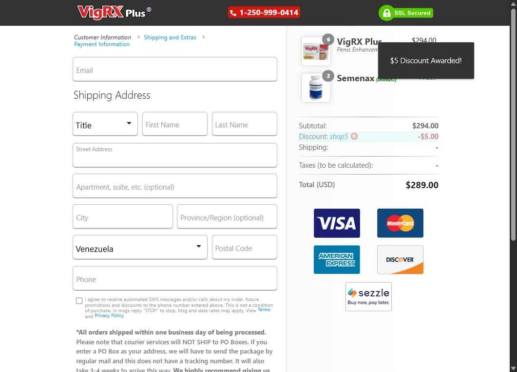 VigRX Plus Store checkout page showing VigRX Plus Store promo code box | Screenshot taken by SimplyCodes community member on Nov 23, 2025