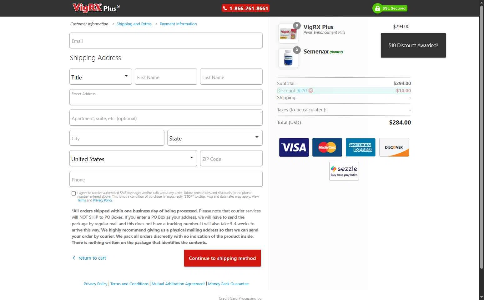 VigRX Plus Store checkout page showing VigRX Plus Store promo code box | Screenshot taken by SimplyCodes community member on Nov 4, 2025