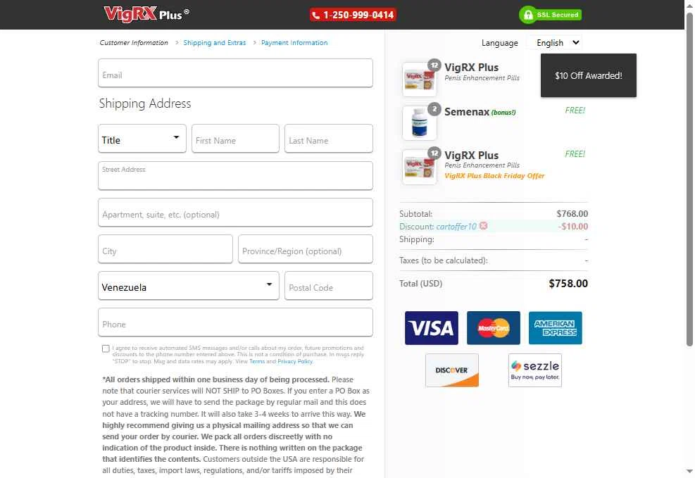 VigRX Plus Store checkout page showing VigRX Plus Store promo code box | Screenshot taken by SimplyCodes community member on Nov 24, 2025