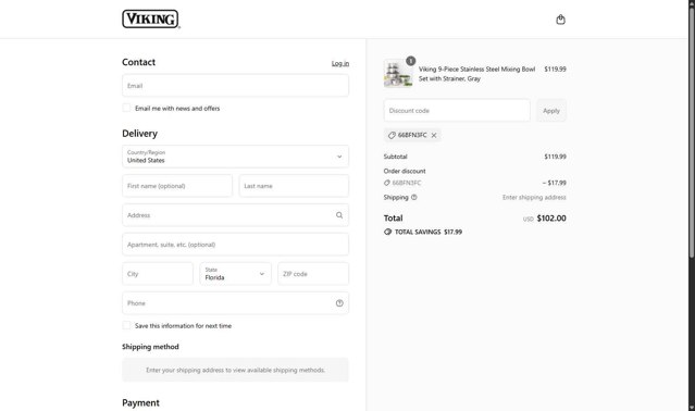Viking Culinary checkout page showing Viking Culinary discount code box | Screenshot taken by SimplyCodes community member on Sep 2, 2025
