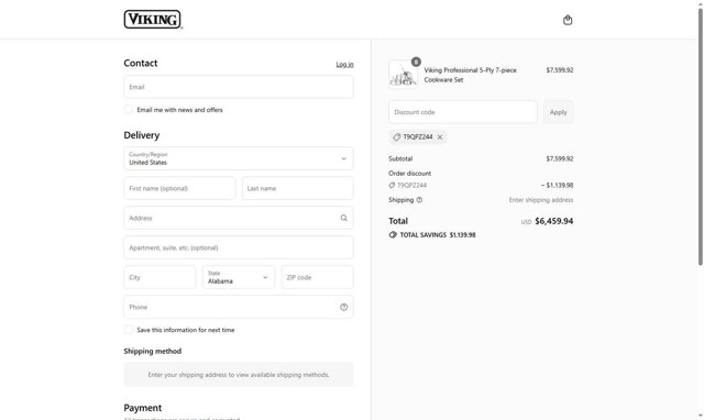 Viking Culinary checkout page showing Viking Culinary discount code box | Screenshot taken by SimplyCodes community member on Sep 7, 2025