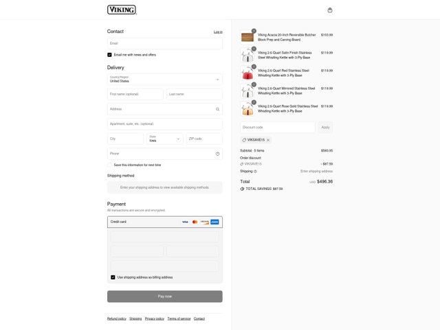 Viking Culinary checkout page showing Viking Culinary discount code box | Screenshot taken by SimplyCodes community member on Sep 2, 2025