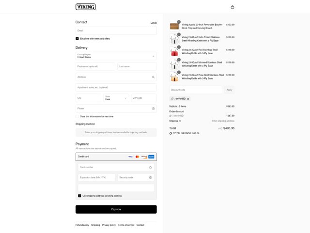 Viking Culinary checkout page showing Viking Culinary discount code box | Screenshot taken by SimplyCodes community member on Aug 24, 2025