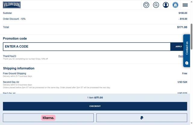 Vilebrequin checkout page showing Vilebrequin promo code box | Screenshot taken by SimplyCodes community member on May 21, 2025