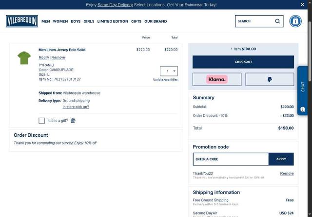 Vilebrequin checkout page showing Vilebrequin promo code box | Screenshot taken by SimplyCodes community member on Sep 2, 2025