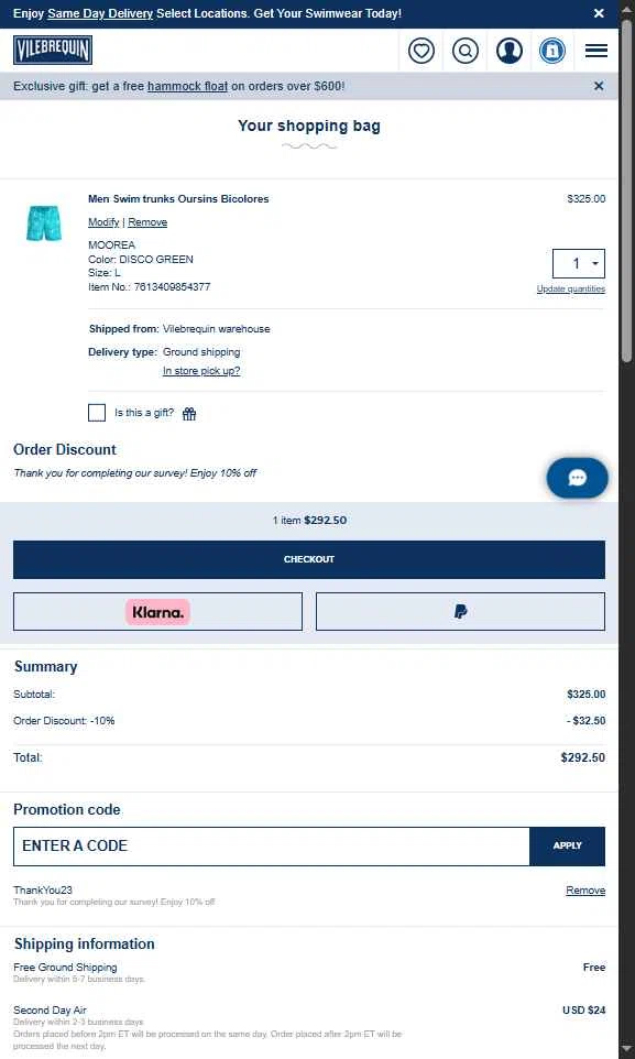 Vilebrequin checkout page showing Vilebrequin promo code box | Screenshot taken by SimplyCodes community member on Aug 10, 2025