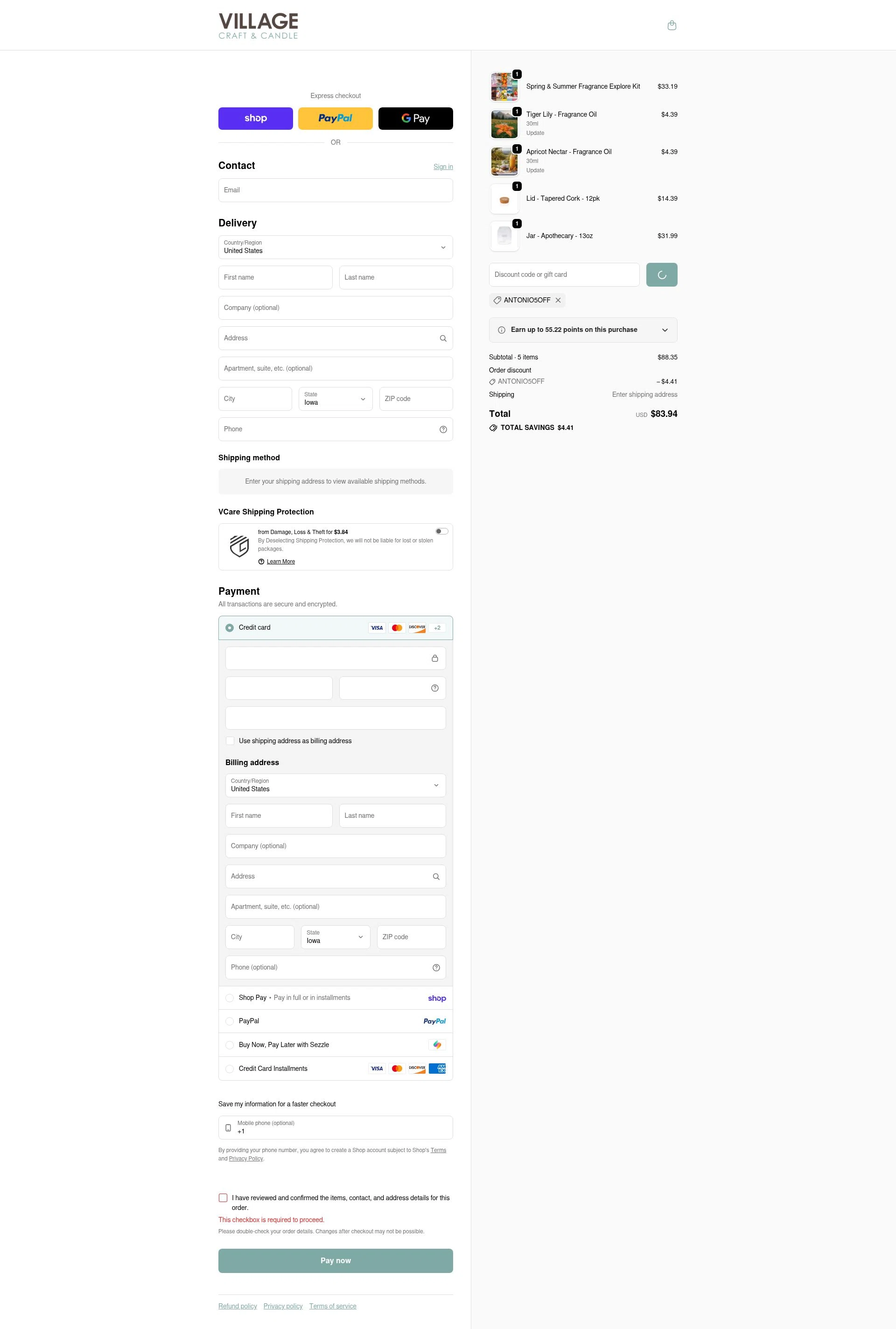Village Craft and Candle checkout page showing Village Craft and Candle discount code box | Screenshot taken by SimplyCodes community member on Feb 4, 2026