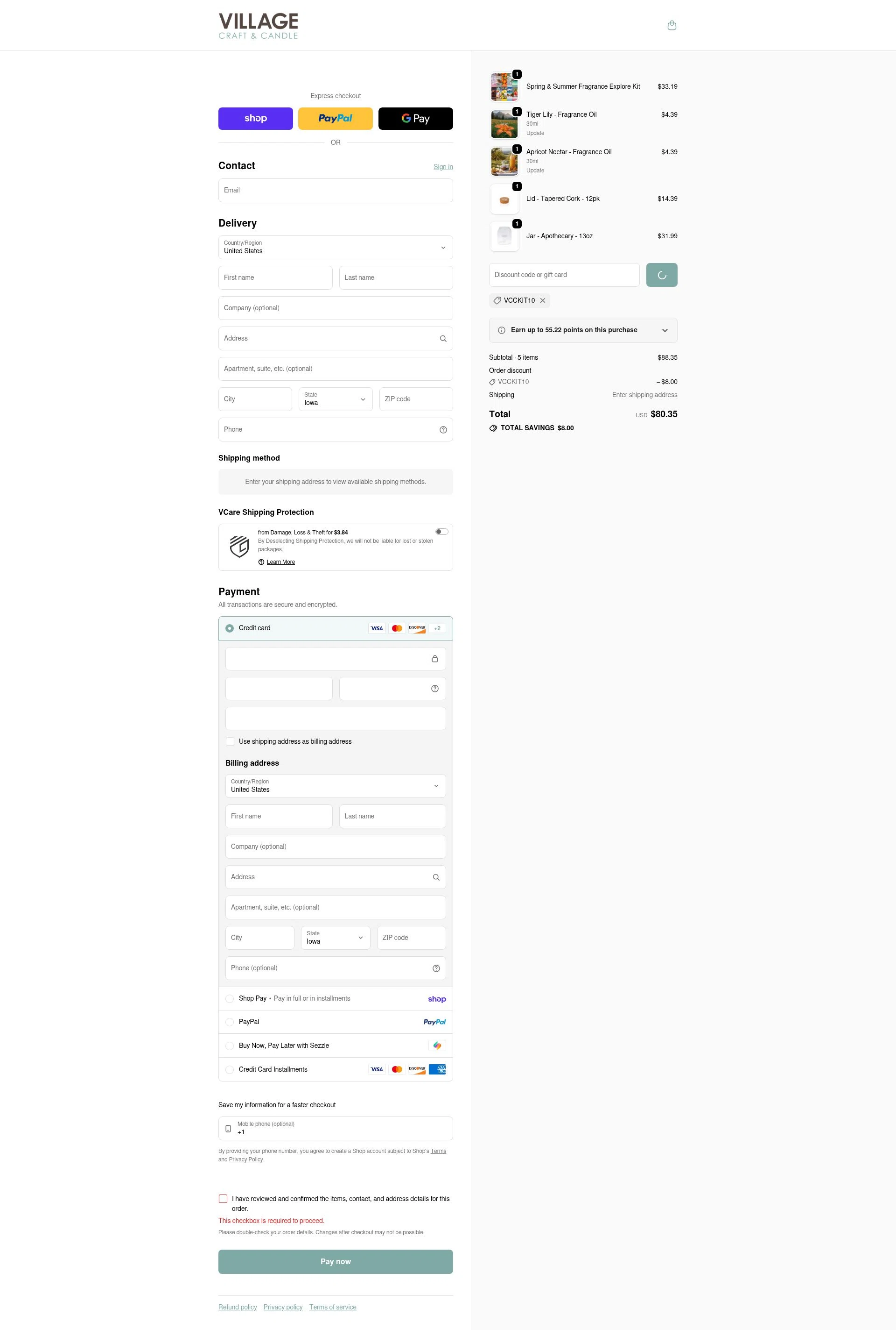 Village Craft and Candle checkout page showing Village Craft and Candle discount code box | Screenshot taken by SimplyCodes community member on Feb 4, 2026