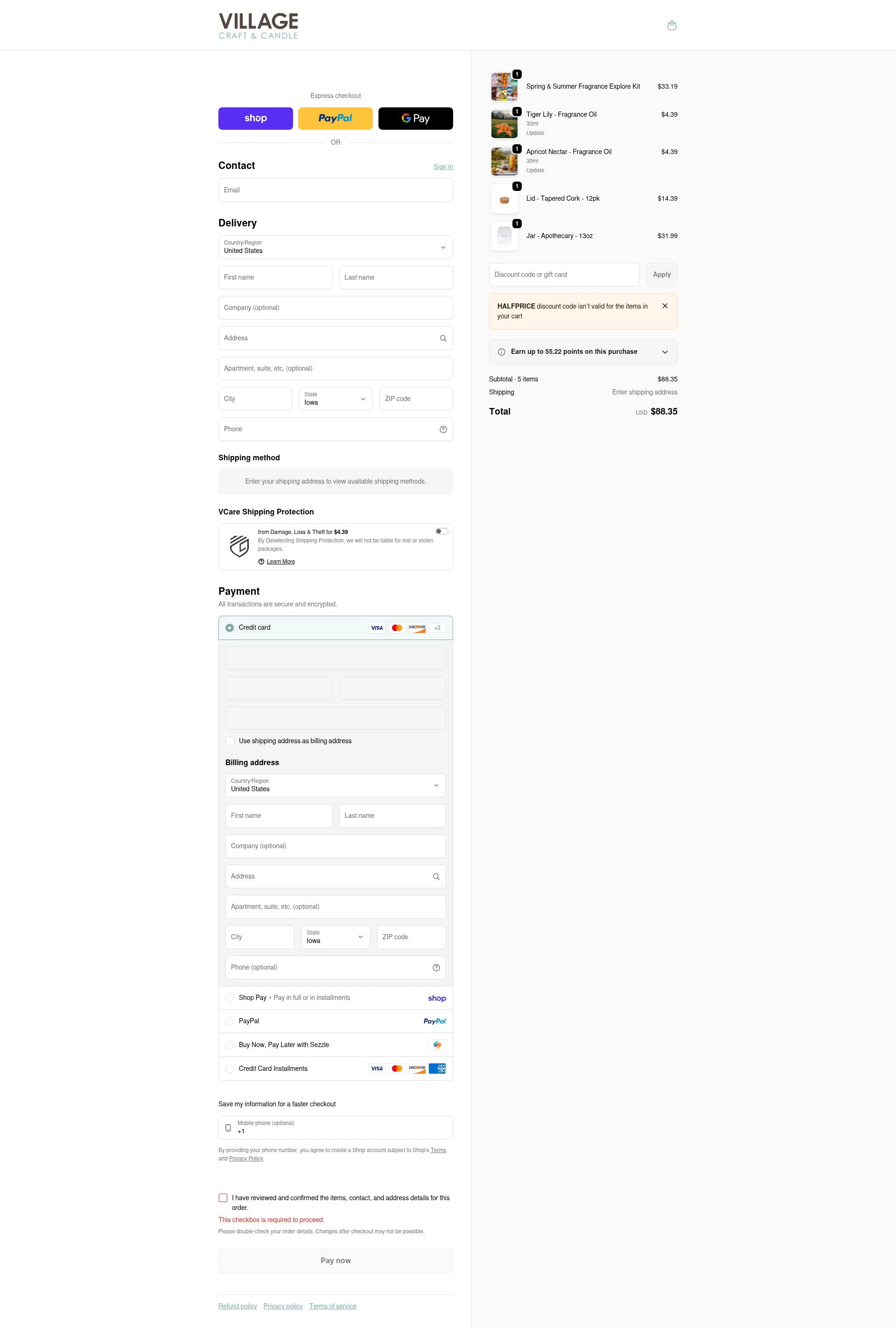 Village Craft and Candle checkout page showing Village Craft and Candle discount code box | Screenshot taken by SimplyCodes community member on Feb 4, 2026