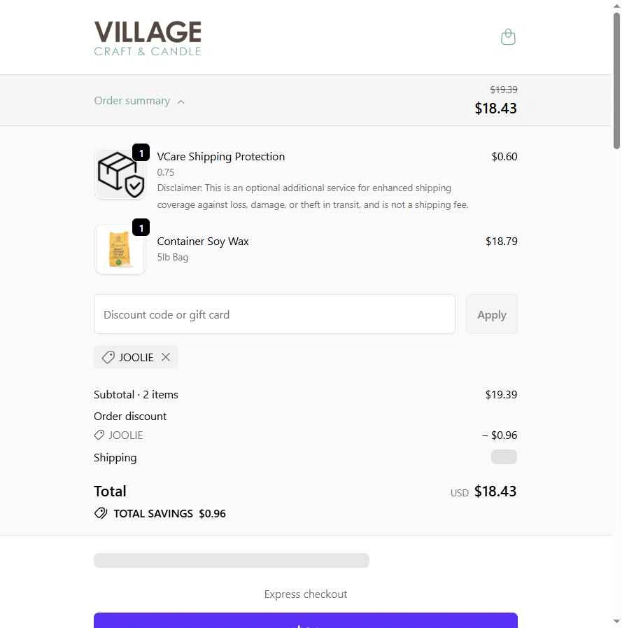 Village Craft and Candle checkout page showing Village Craft and Candle discount code box | Screenshot taken by SimplyCodes community member on Feb 4, 2026