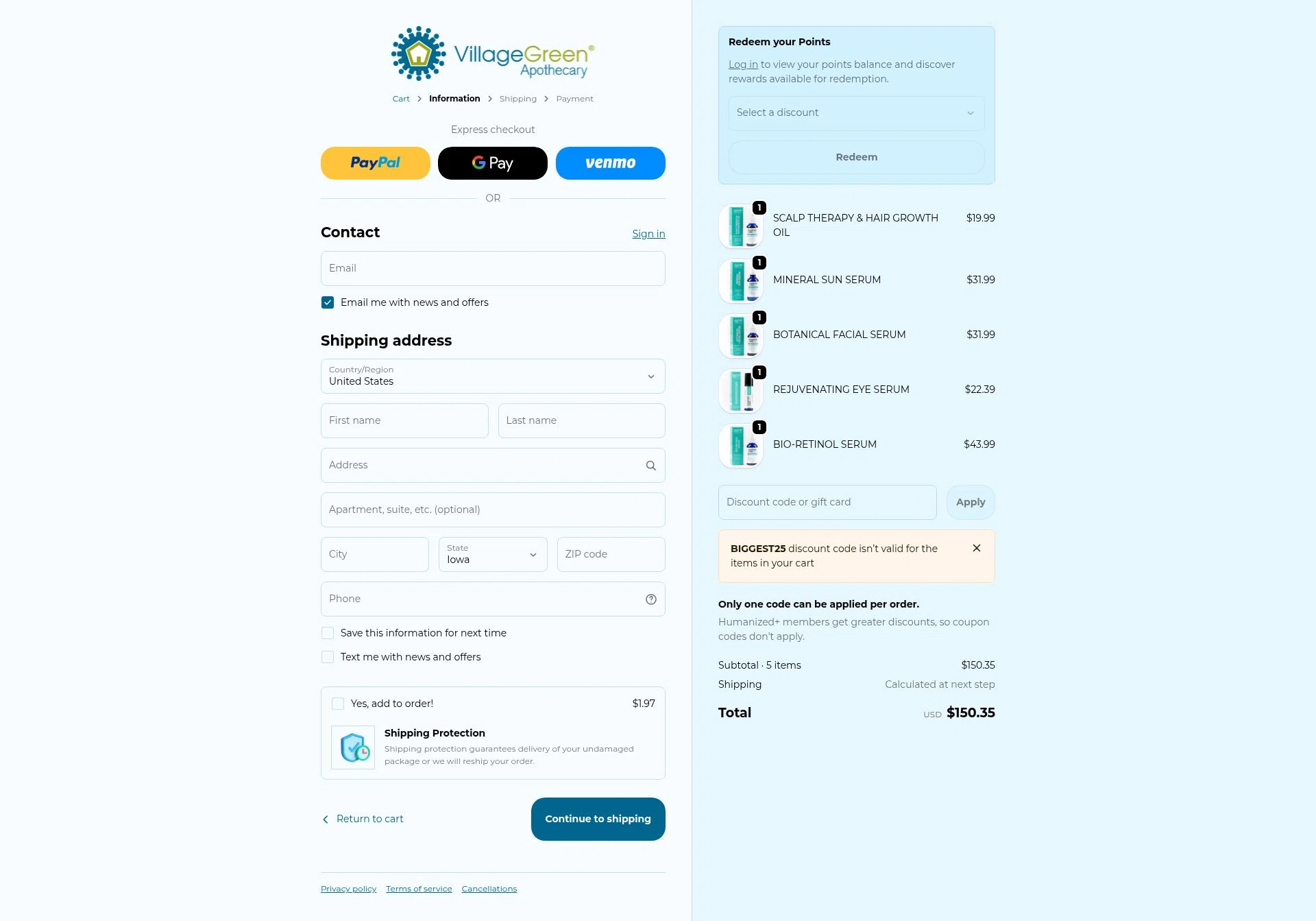 Village Green Apothecary checkout page showing Village Green Apothecary coupon code box | Screenshot taken by SimplyCodes community member on Dec 29, 2025
