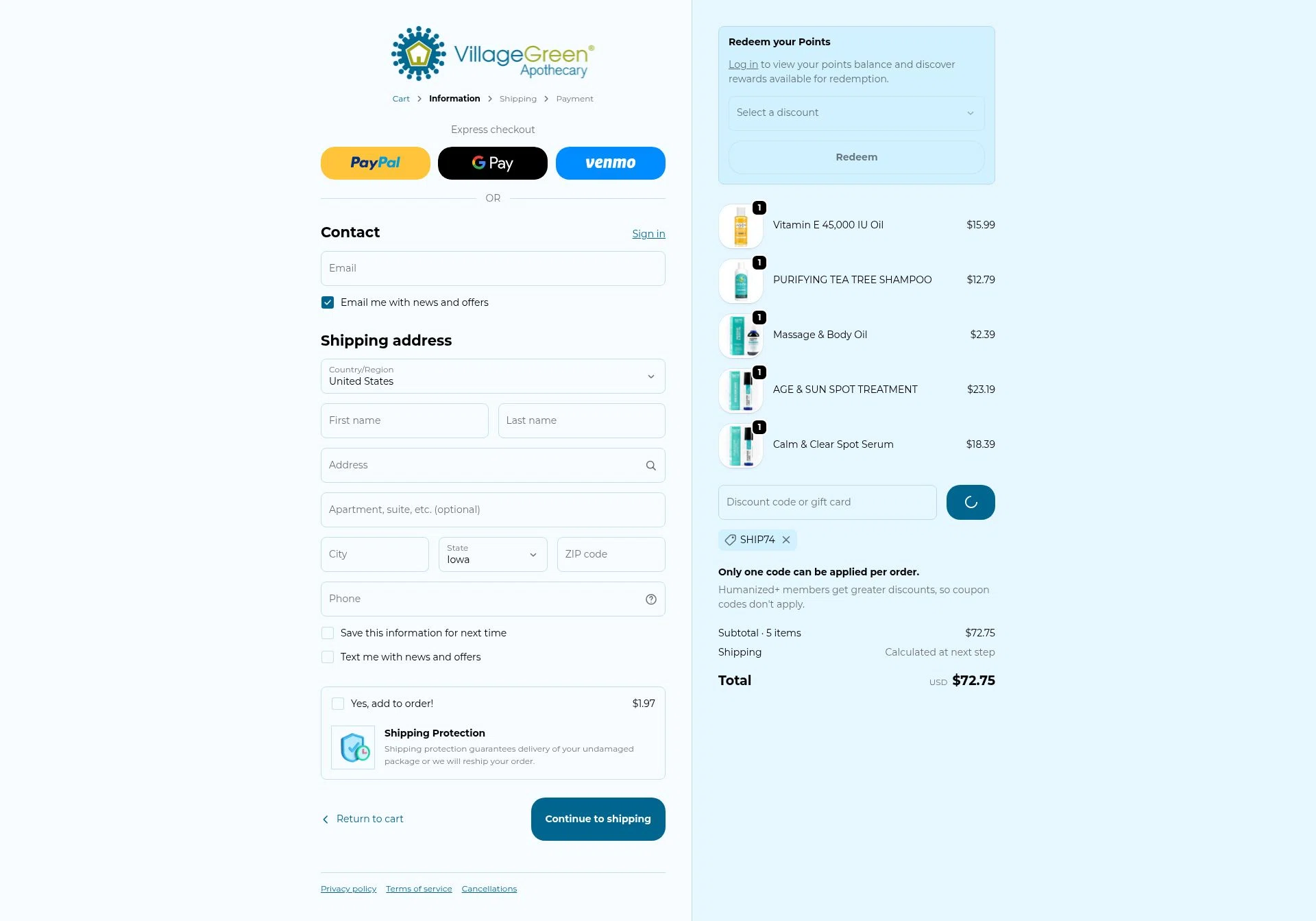Village Green Apothecary checkout page showing Village Green Apothecary coupon code box | Screenshot taken by SimplyCodes community member on Jan 3, 2026