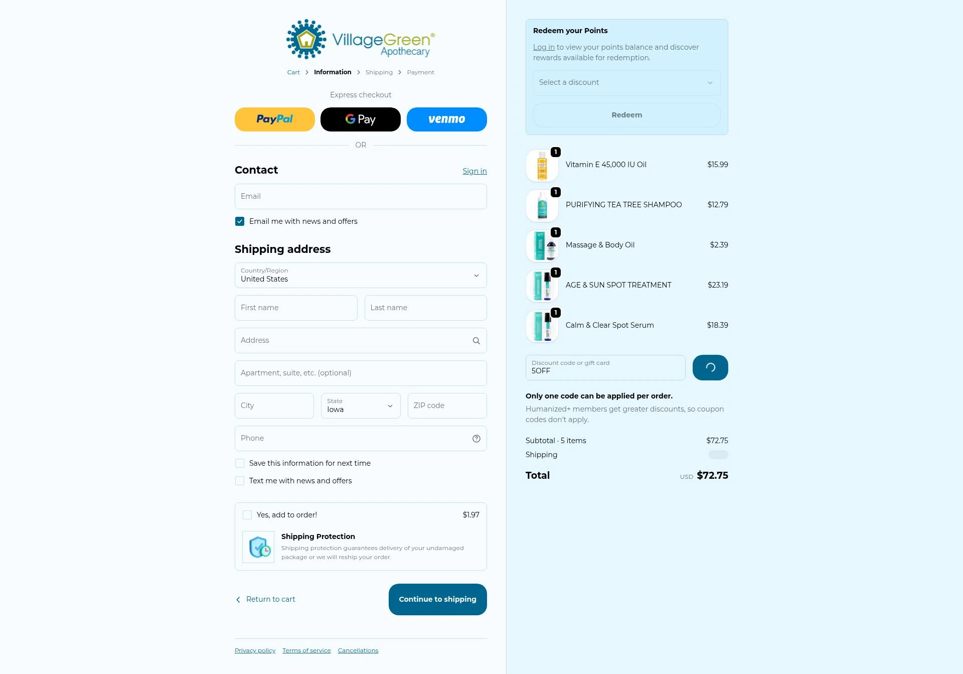 Village Green Apothecary checkout page showing Village Green Apothecary coupon code box | Screenshot taken by SimplyCodes community member on Jan 3, 2026