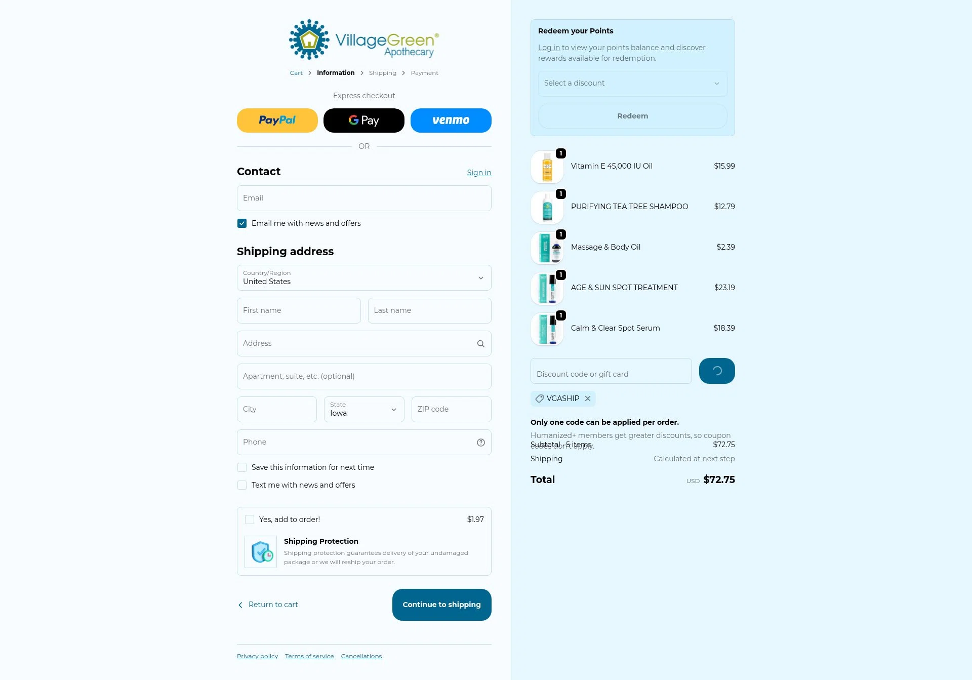 Village Green Apothecary checkout page showing Village Green Apothecary coupon code box | Screenshot taken by SimplyCodes community member on Jan 3, 2026
