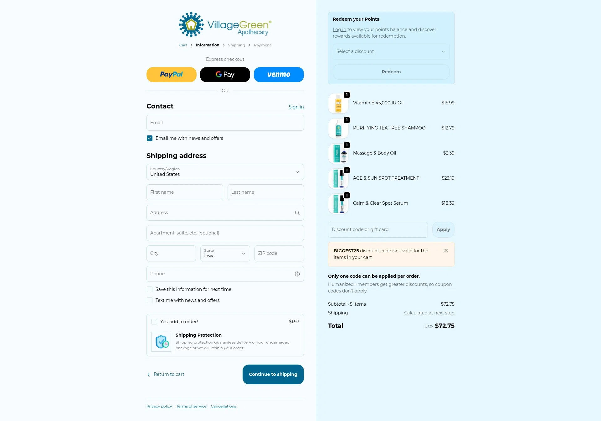 Village Green Apothecary checkout page showing Village Green Apothecary coupon code box | Screenshot taken by SimplyCodes community member on Jan 3, 2026