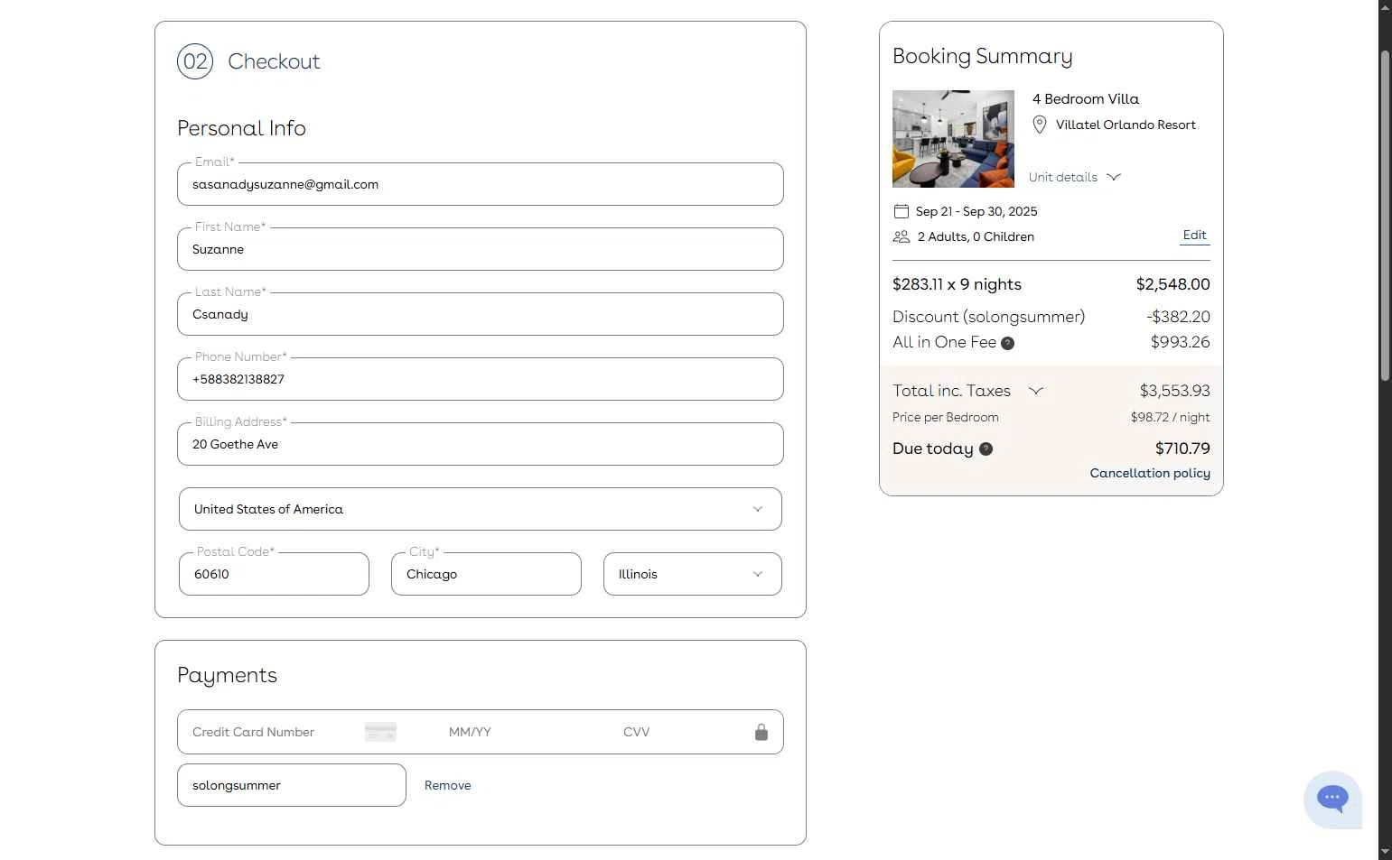 Villatel checkout page showing Villatel promo code box | Screenshot taken by SimplyCodes community member on Sep 6, 2025