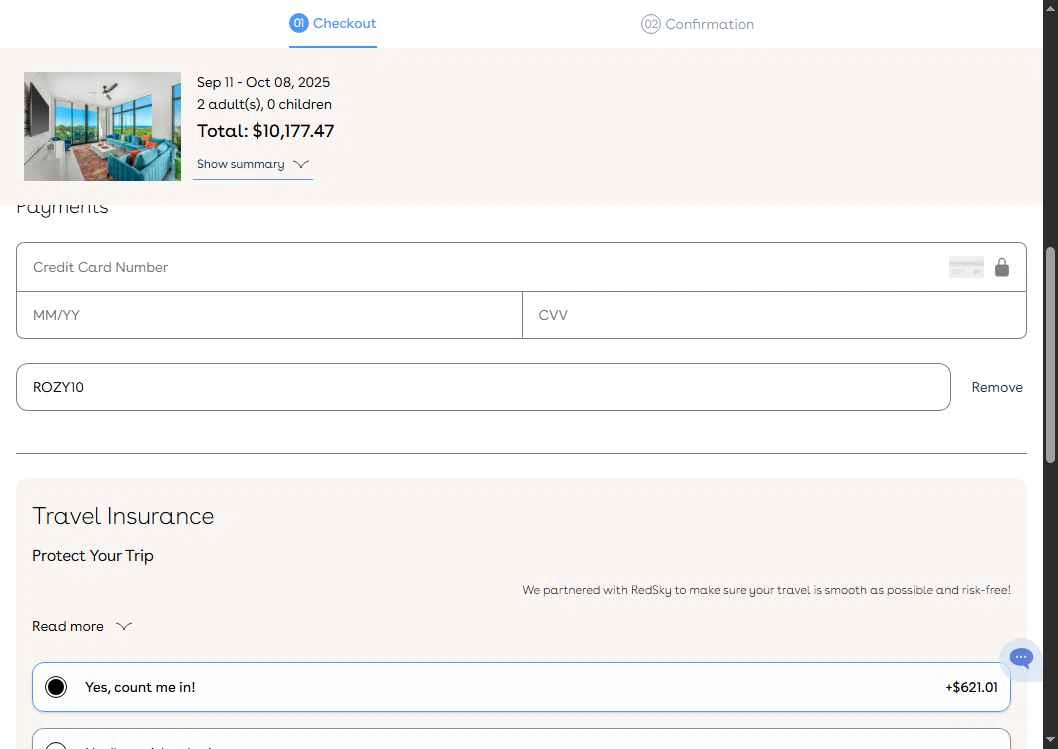 Villatel checkout page showing Villatel promo code box | Screenshot taken by SimplyCodes community member on Sep 10, 2025