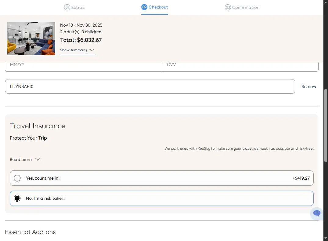 Villatel checkout page showing Villatel promo code box | Screenshot taken by SimplyCodes community member on Nov 11, 2025